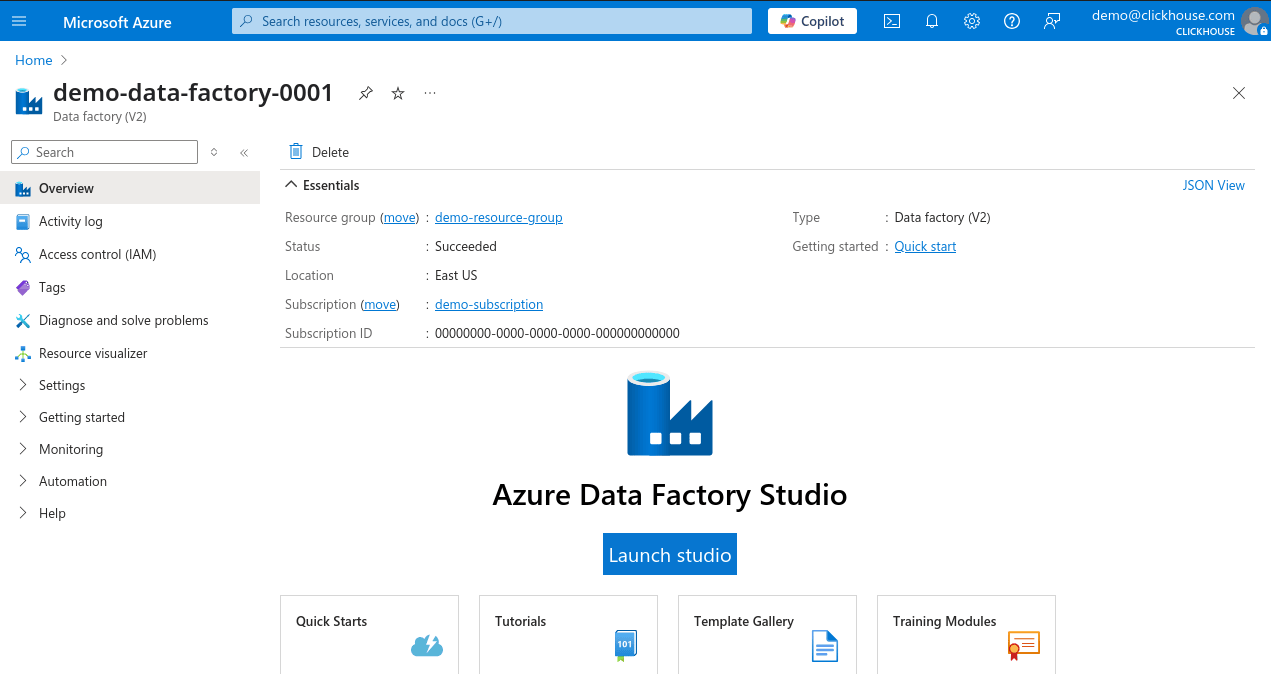Страница Data Factory в Azure Portal