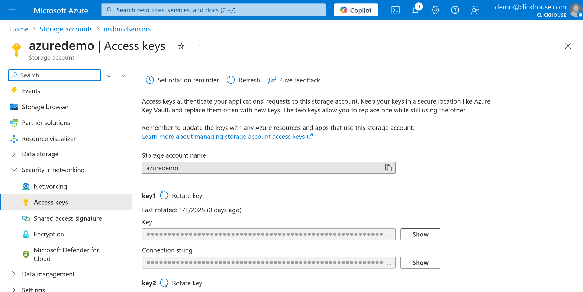 Claves de acceso del almacén de datos de Azure