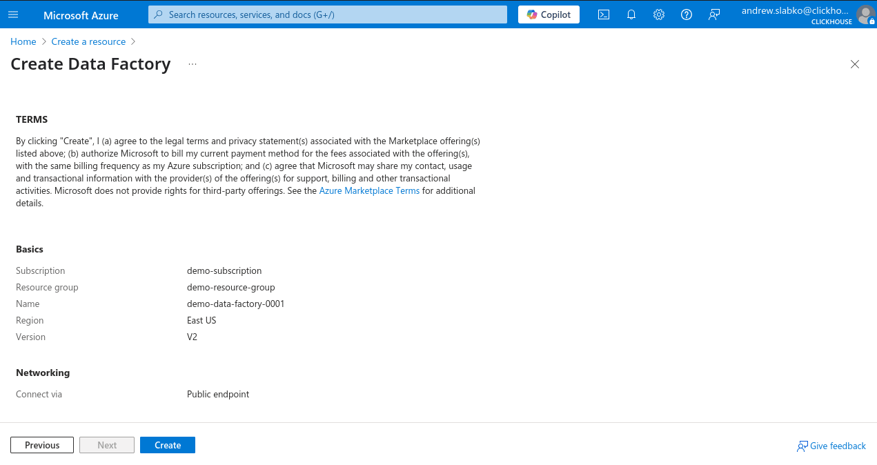 Подтверждение нового Data Factory в Azure Portal