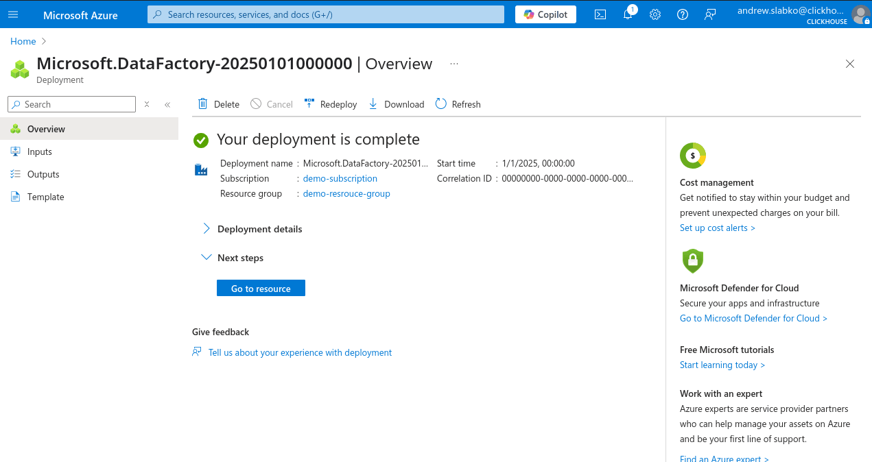 Успешное создание нового Data Factory в Azure Portal
