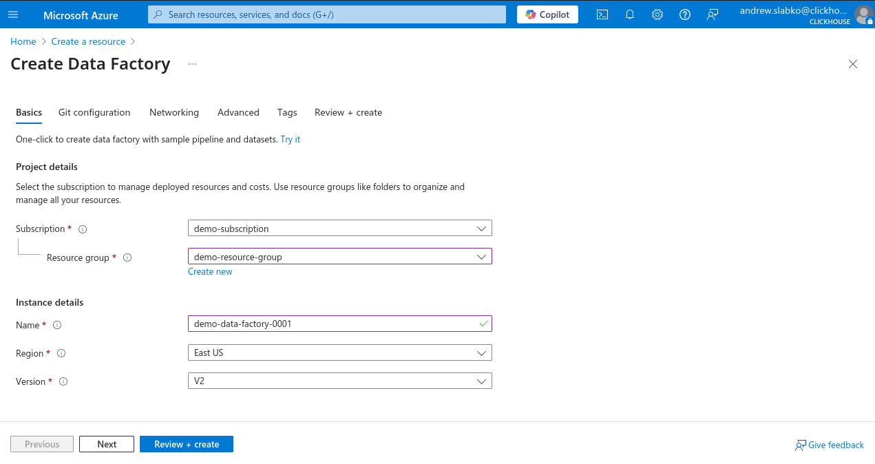 Новый Data Factory в Azure Portal