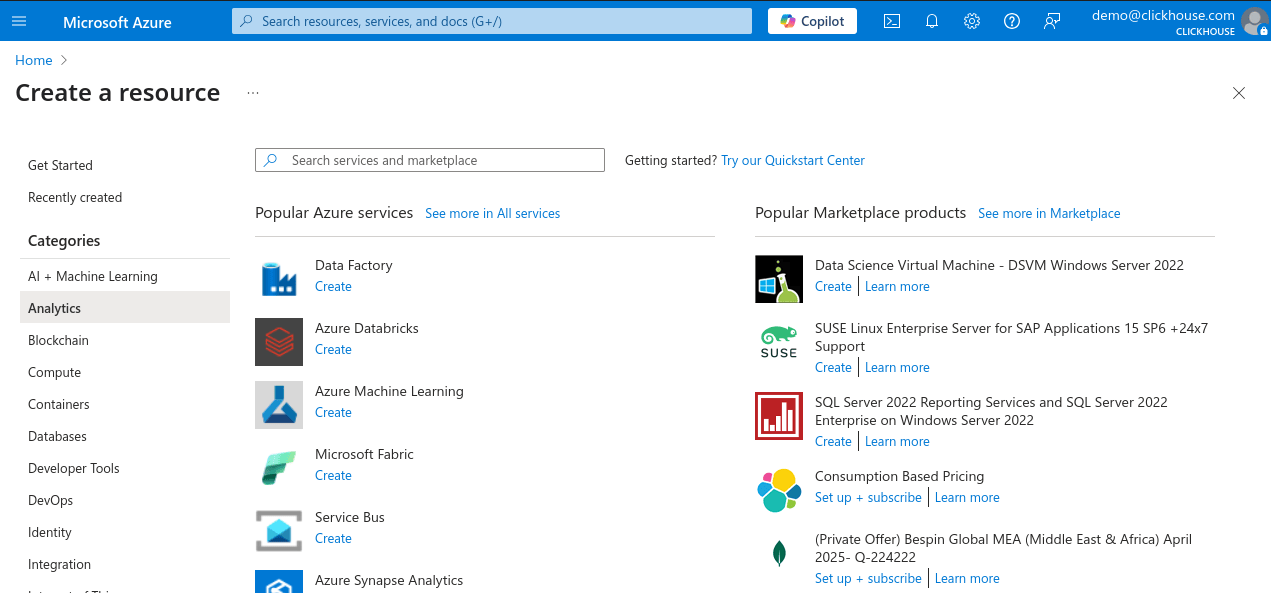 Новый ресурс в Azure Portal