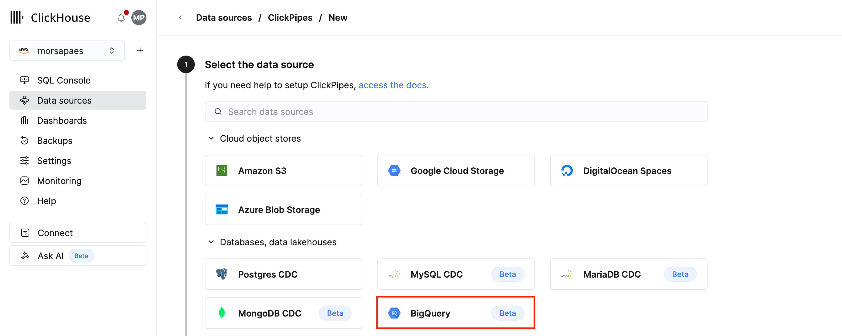 Seleccionar el tile de BigQuery