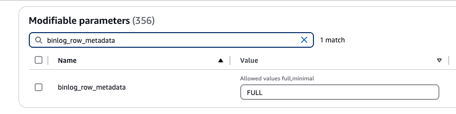 Metadados de linha do binlog como FULL