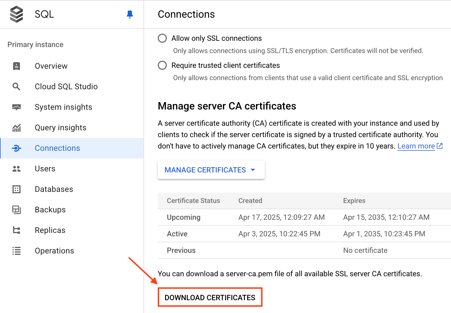 Baixando certificado do MySQL no GCP