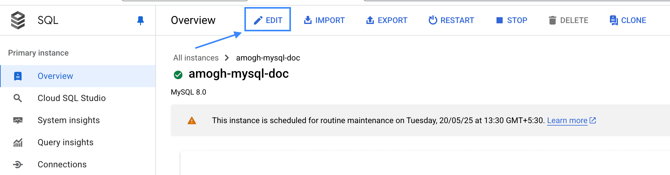 Botão Edit no MySQL do GCP