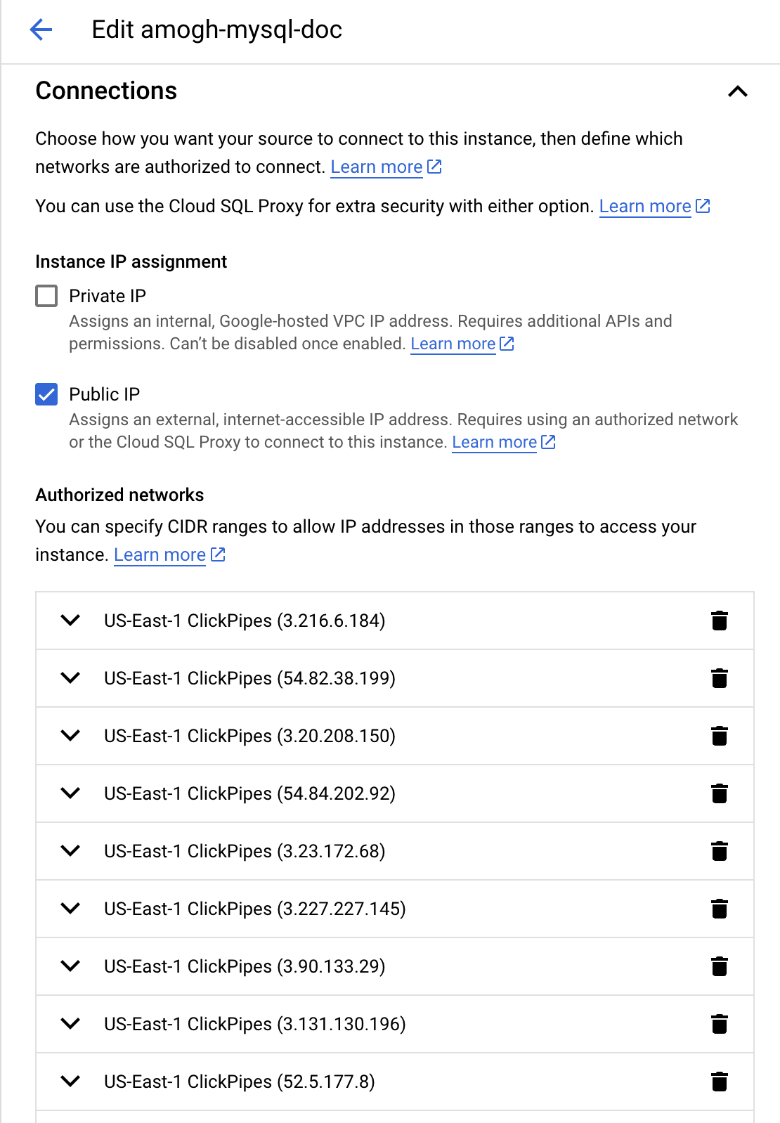 Lista de permissões de IP no GCP MySQL