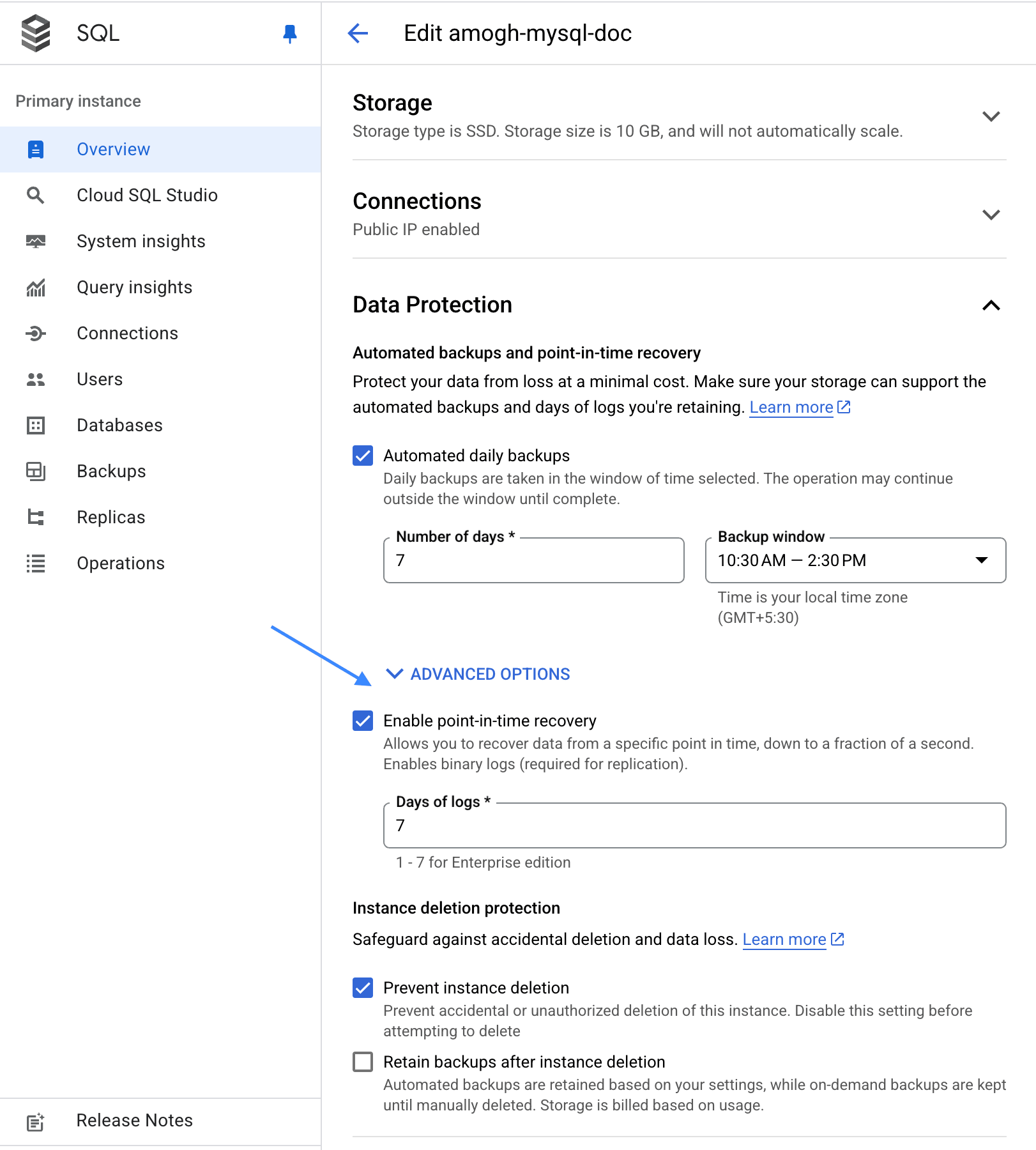 Habilitando o PITR no Cloud SQL
