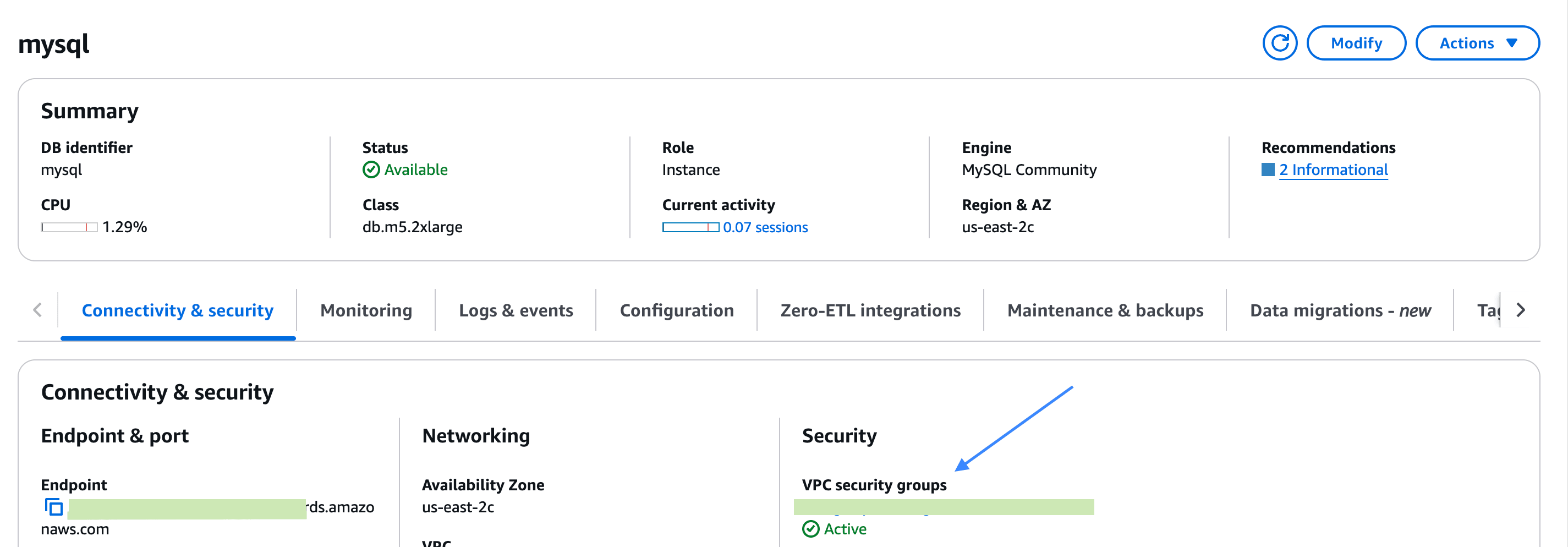 Onde encontrar o Security Group no RDS?