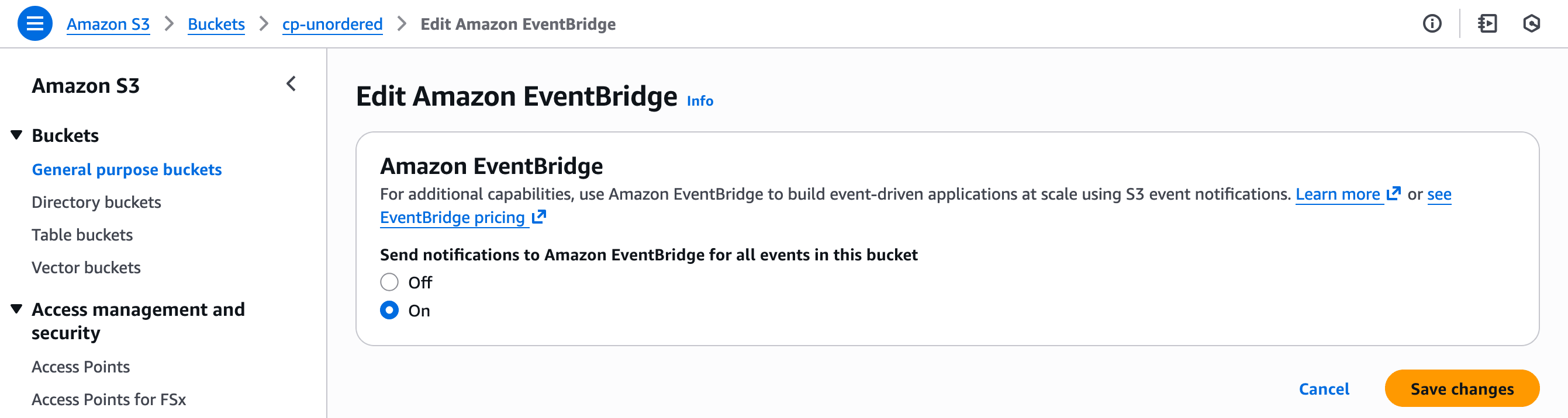 Habilitación de las notificaciones de Amazon EventBridge en las propiedades del bucket de S3