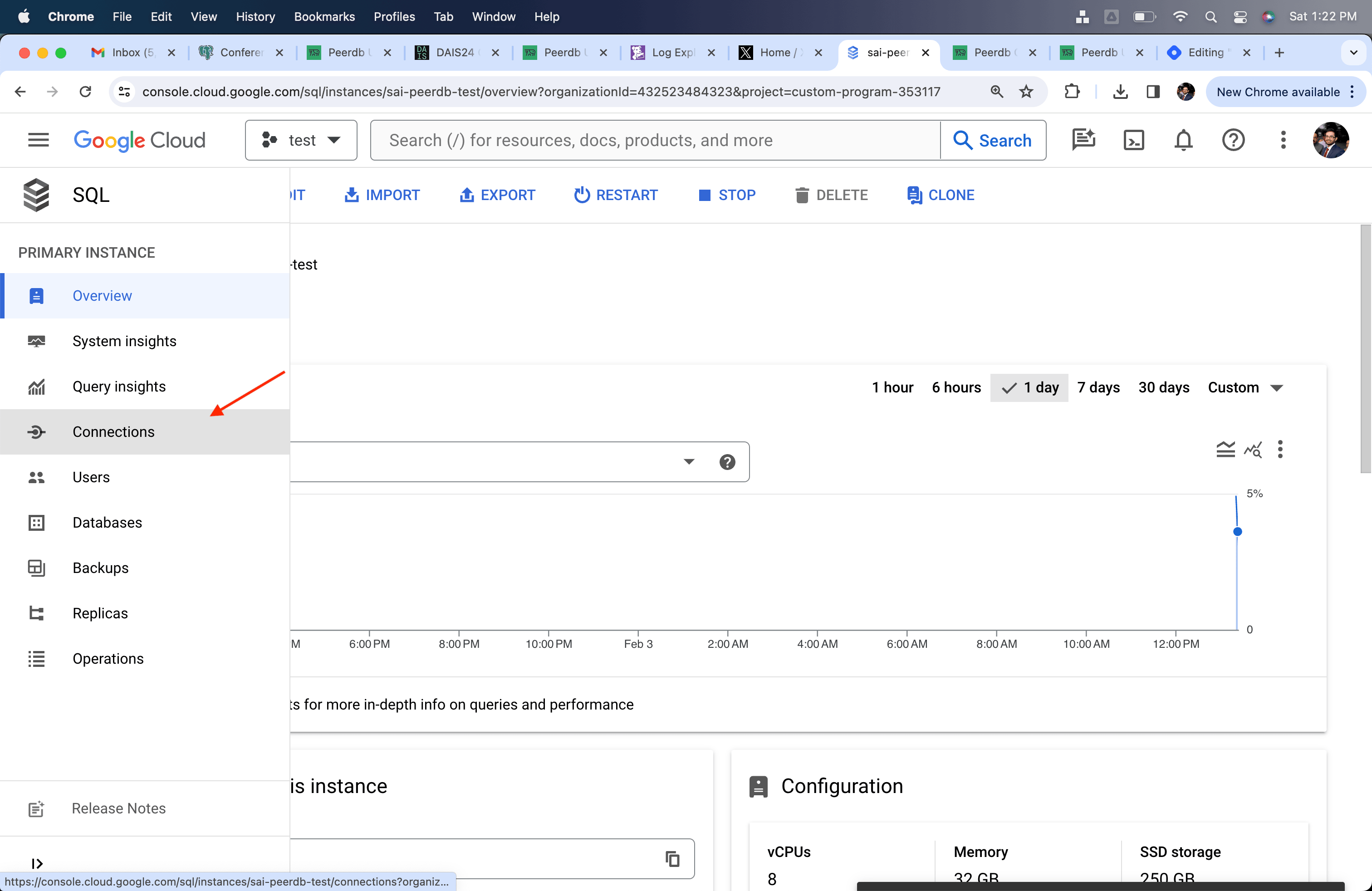 Sección Conexiones en Cloud SQL