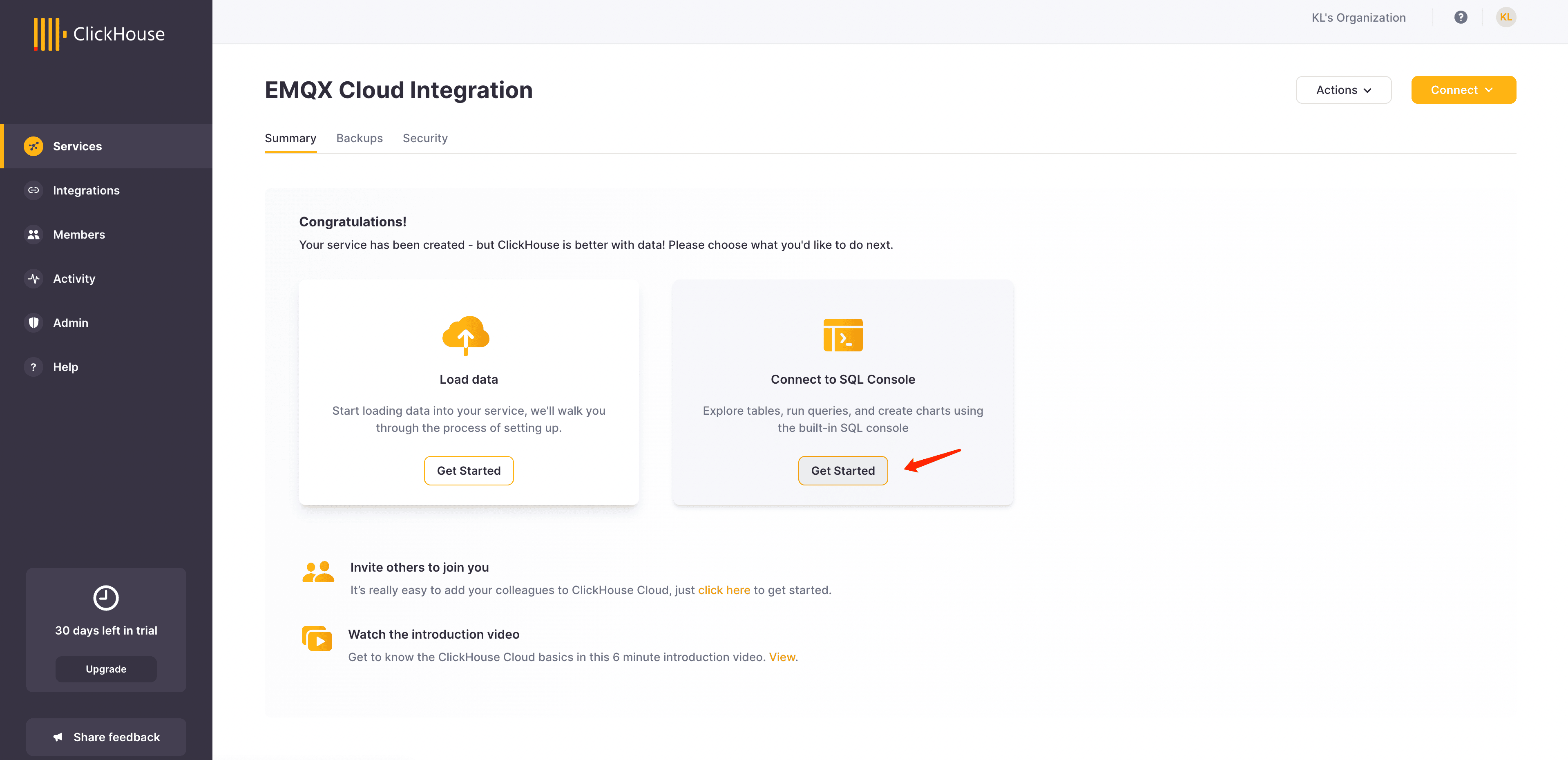 Interfaz de consola SQL de ClickHouse Cloud