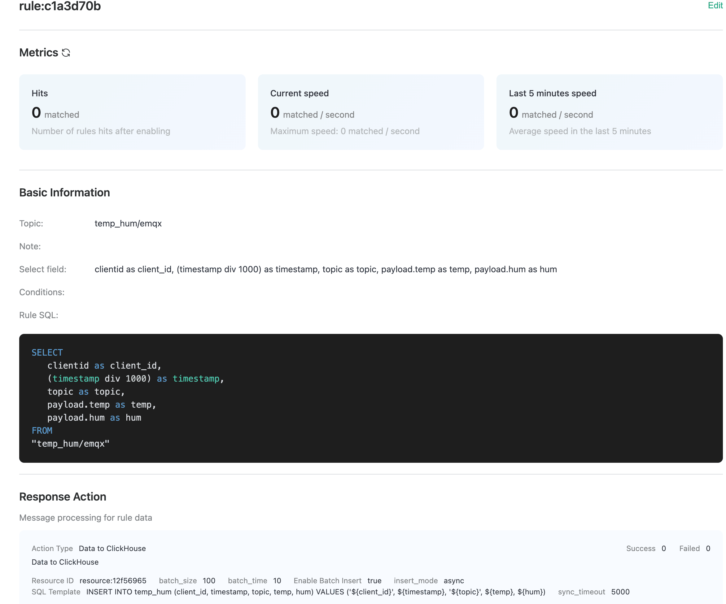 Detalles de la regla de Data Integration de EMQX Cloud que muestran un resumen de la configuración