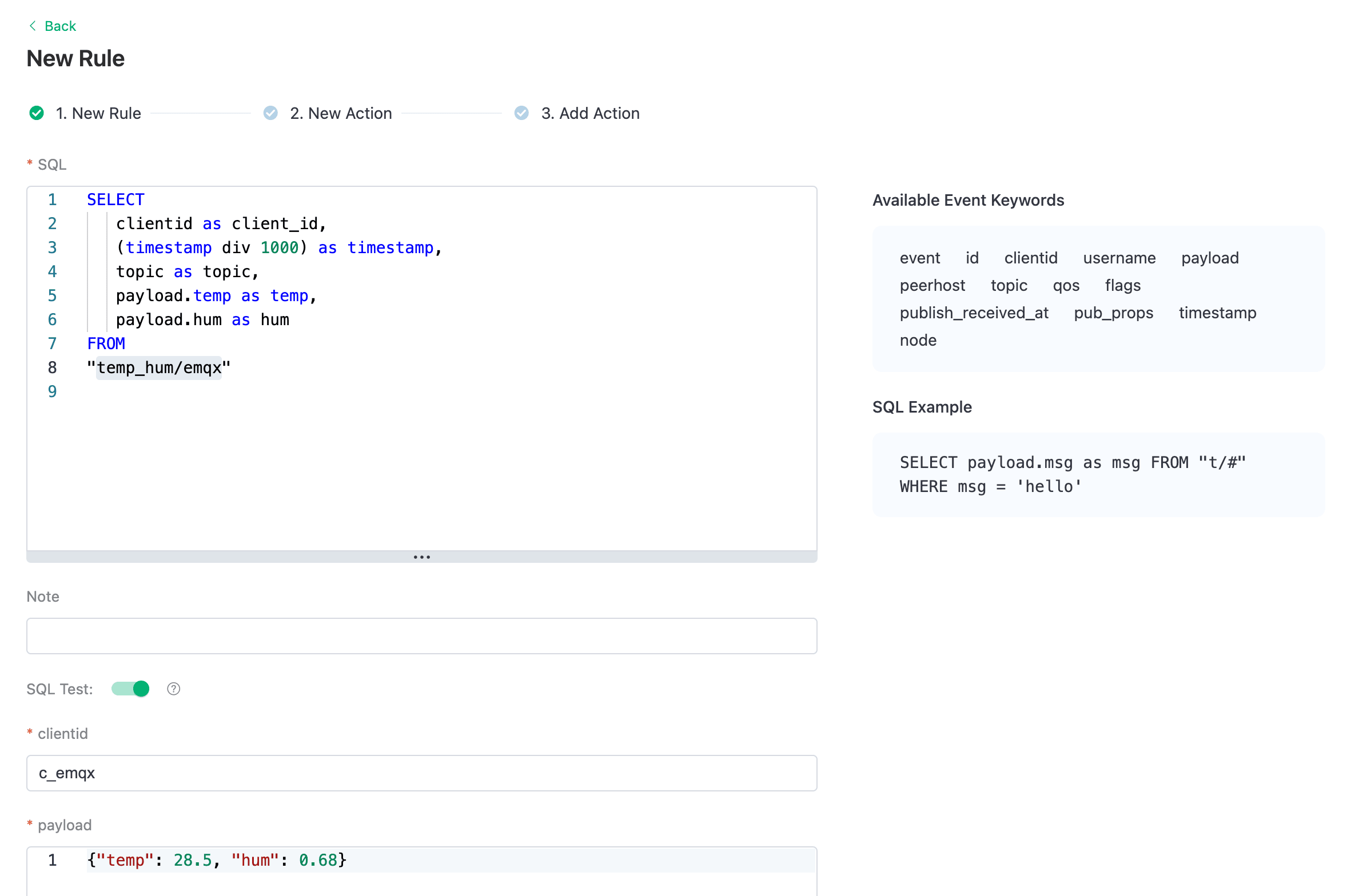 Paso 1 de creación de la regla de integración de datos de EMQX Cloud, que muestra una consulta SQL