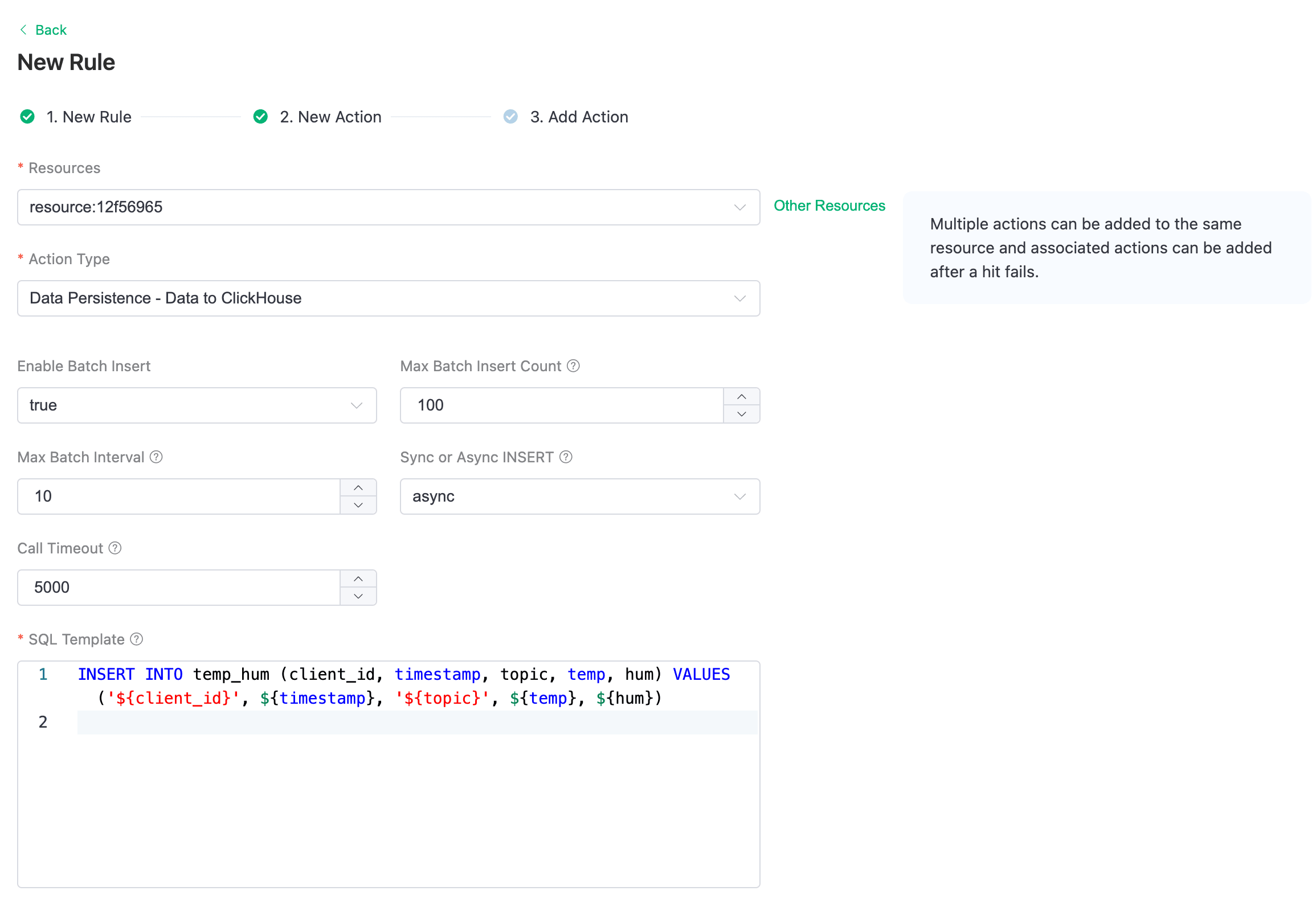 Configuración de la acción de regla de Data Integration de EMQX Cloud con plantilla SQL