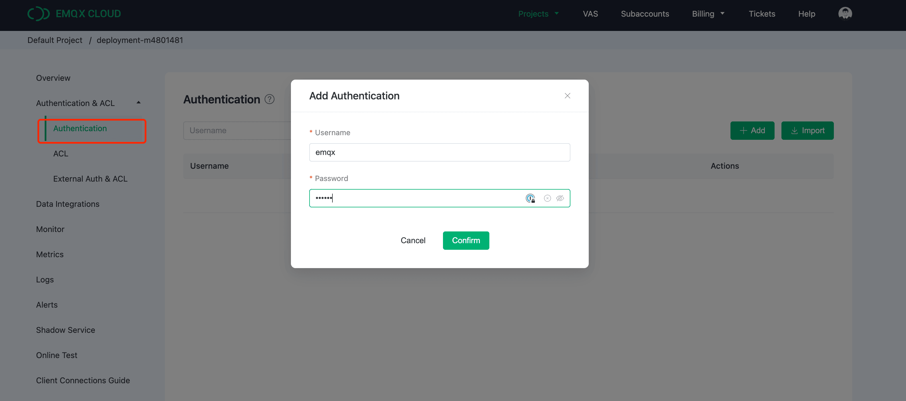 Interfaz de configuración de autenticación de EMQX Cloud para añadir credenciales
