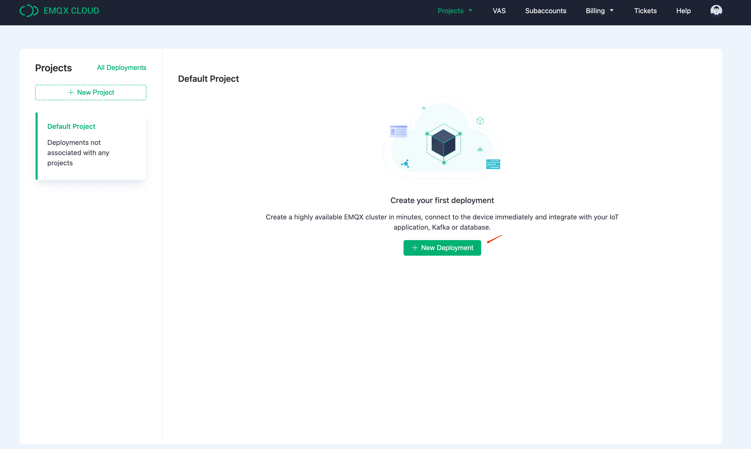 EMQX Cloud Create Deployment Step 1 mostrando las opciones de Implementación