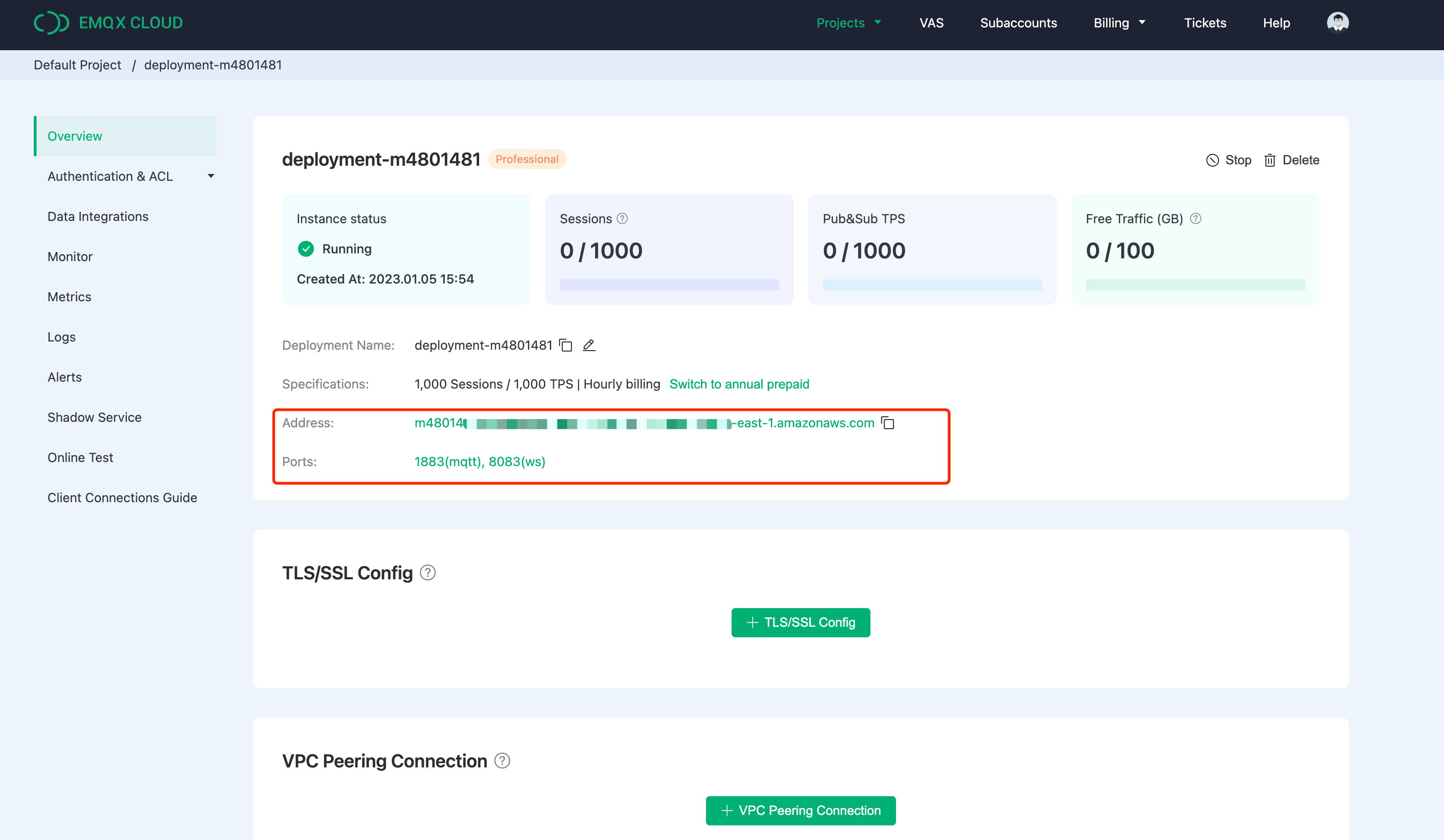 Dashboard de información general de EMQX Cloud que muestra las métricas del broker