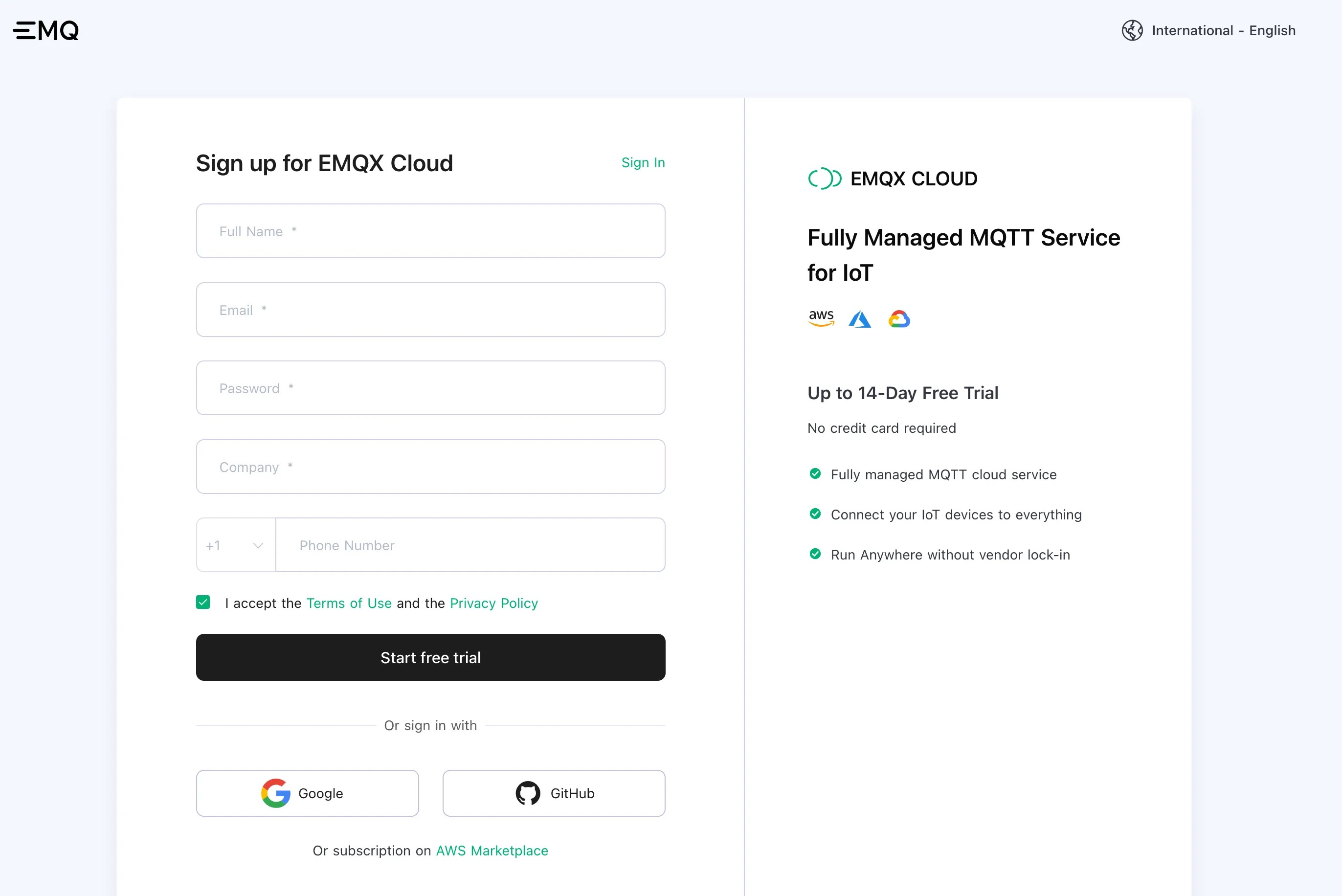 Página de registro de EMQX Cloud con formulario de registro
