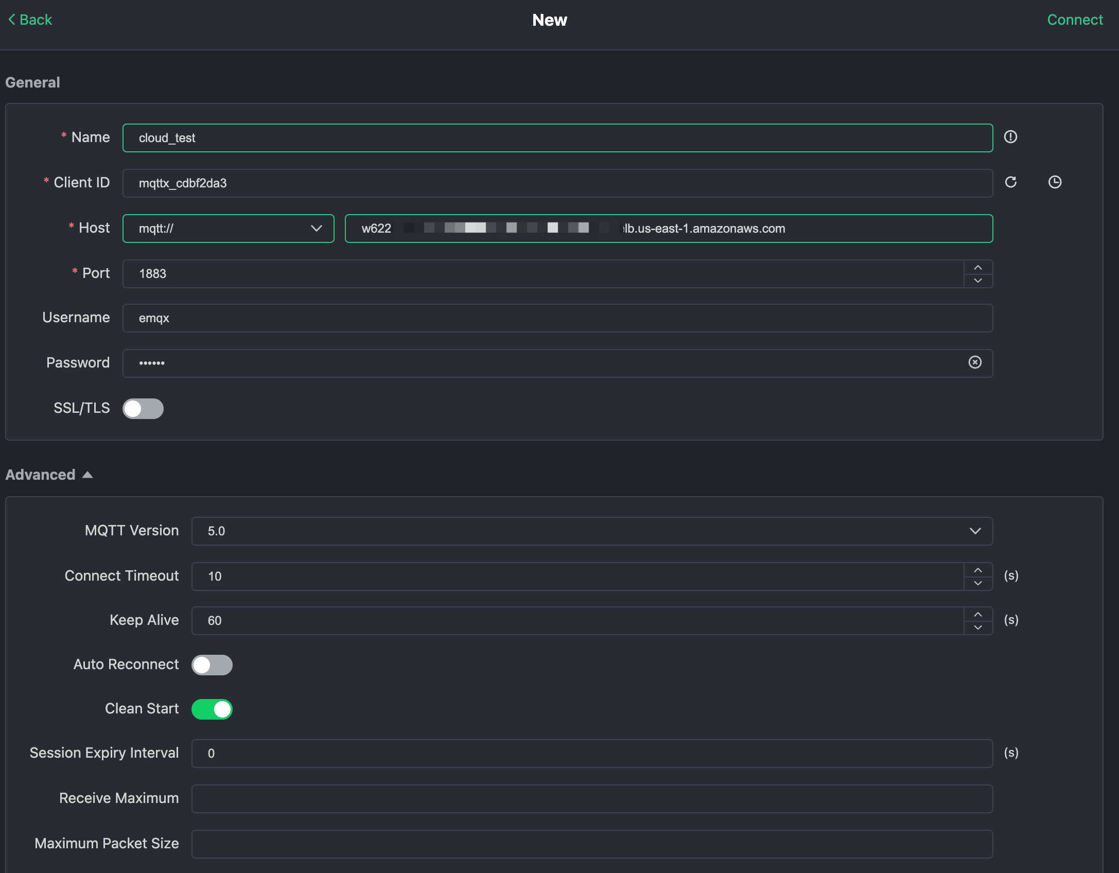 Formulario de configuración de New Connection de MQTTX con los detalles de conexión