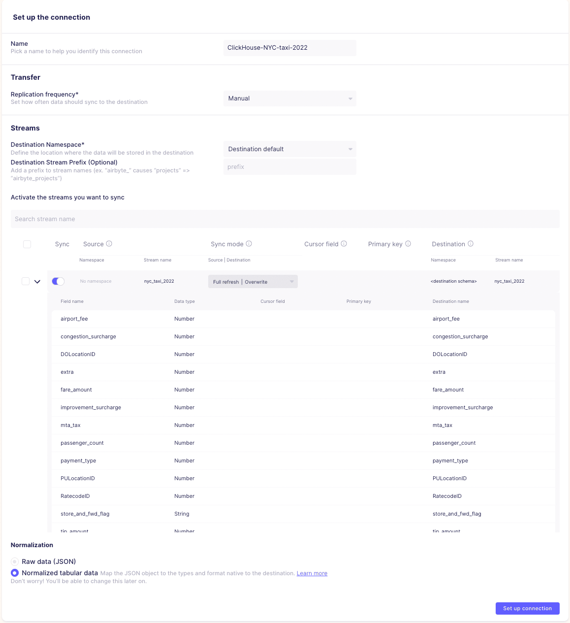 Creación de una conexión en Airbyte