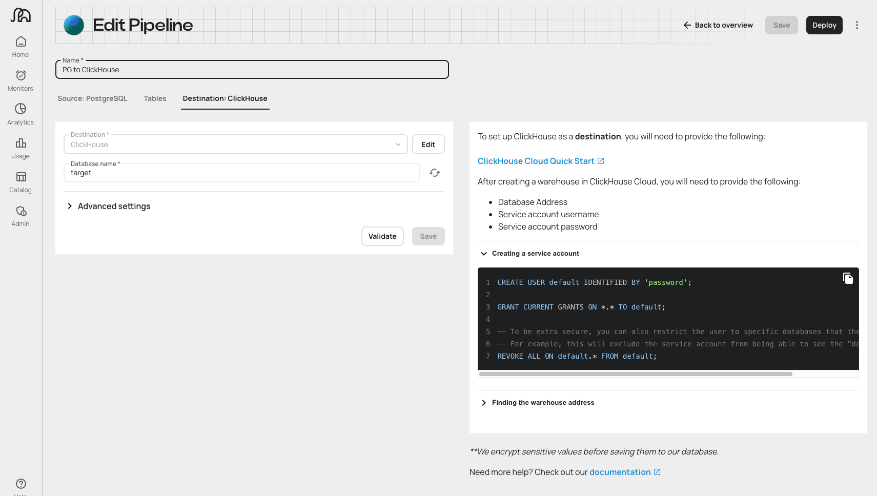 Interface Edit Pipeline da Artie