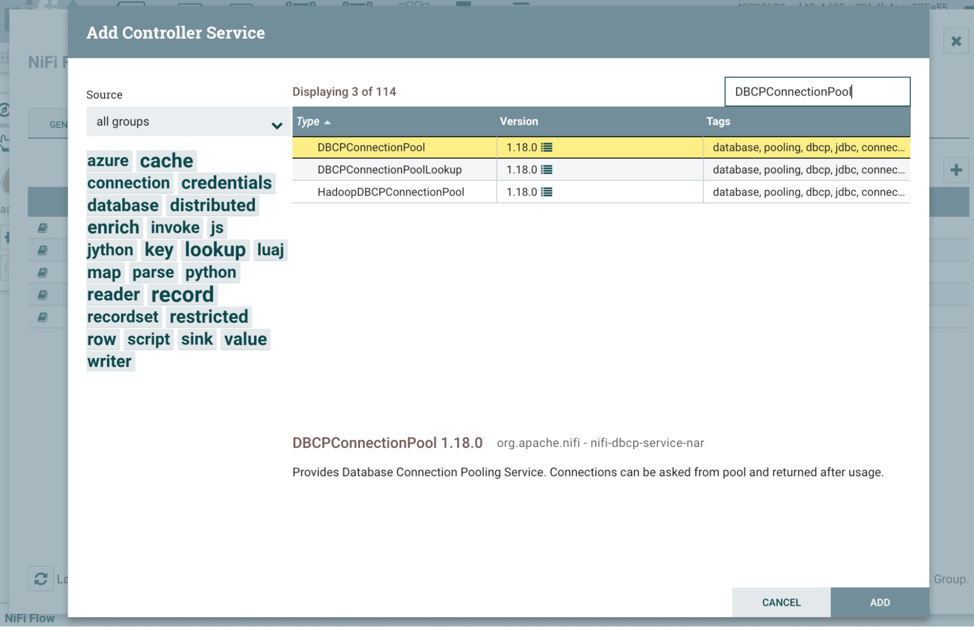 Caixa de diálogo de seleção de Controller Service com DBCPConnectionPool destacado