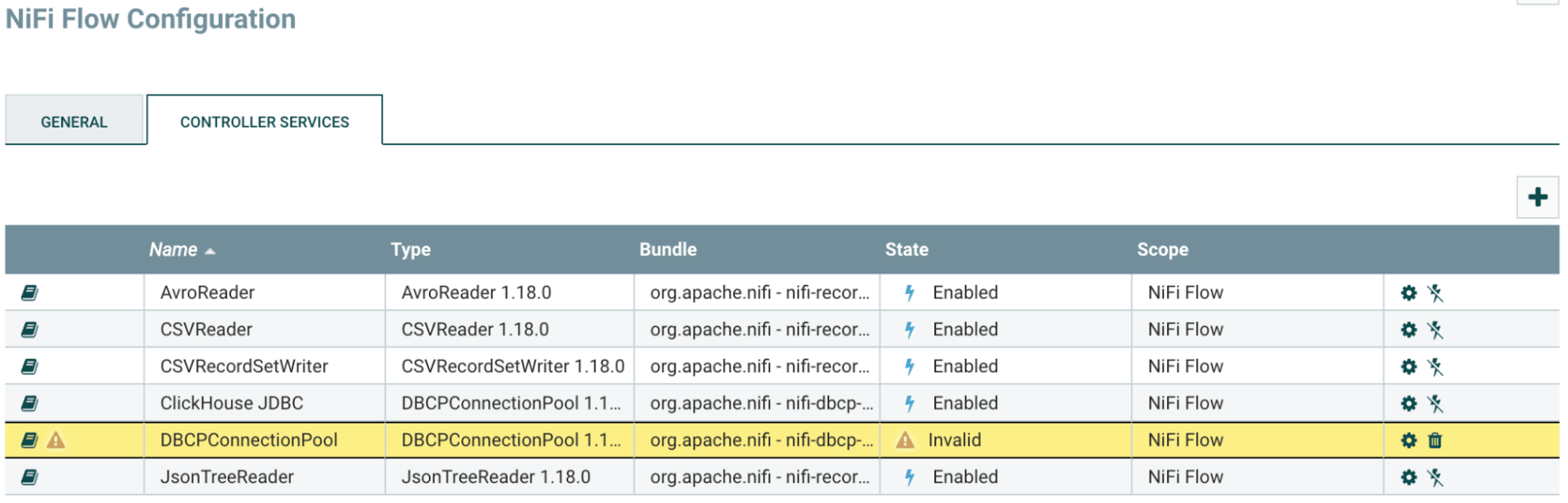 Lista de Controller Services mostrando o DBCPConnectionPool inválido com o botão de engrenagem destacado