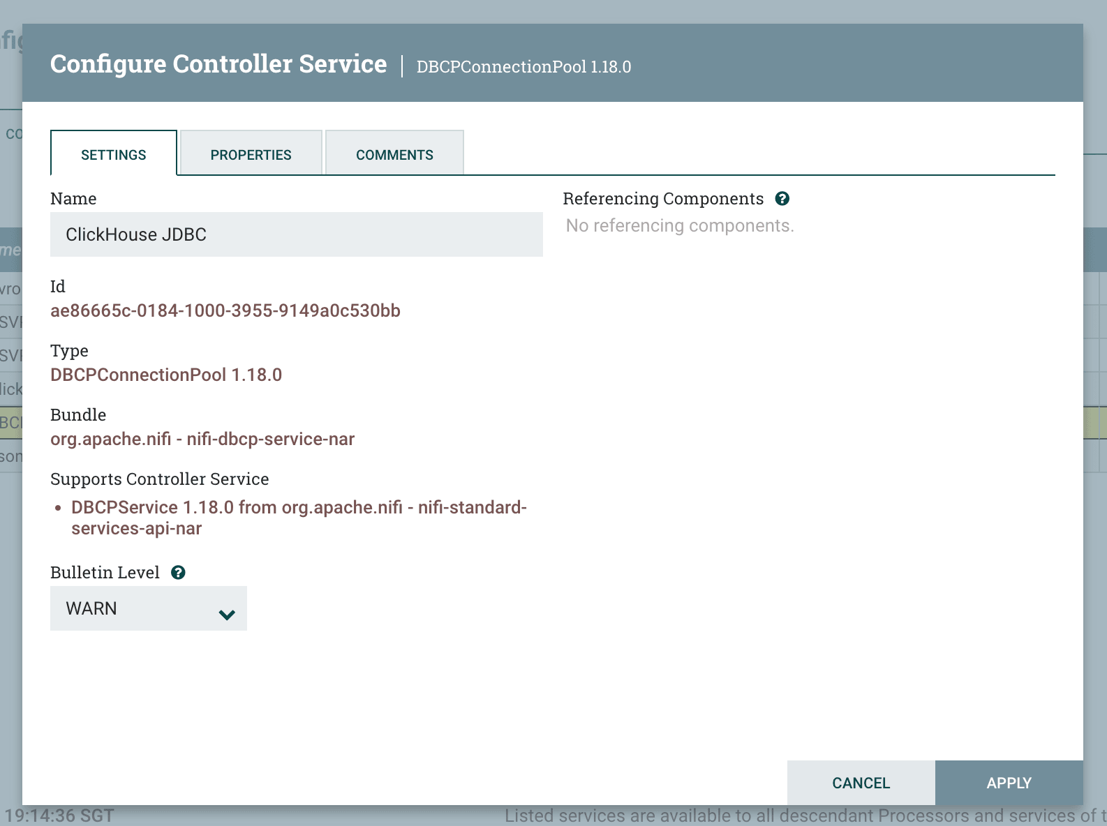 Caixa de diálogo de configuração do DBCPConnectionPool mostrando as propriedades preenchidas