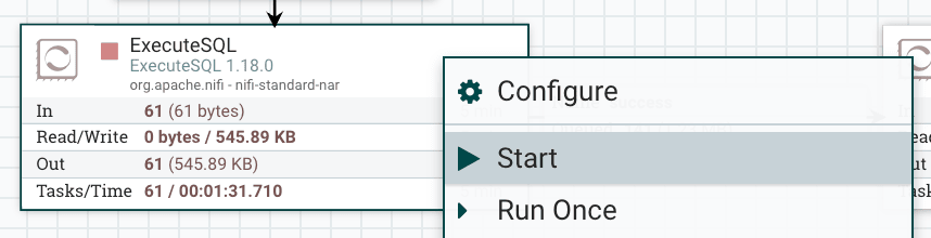Configuração do processador ExecuteSQL com as propriedades preenchidas