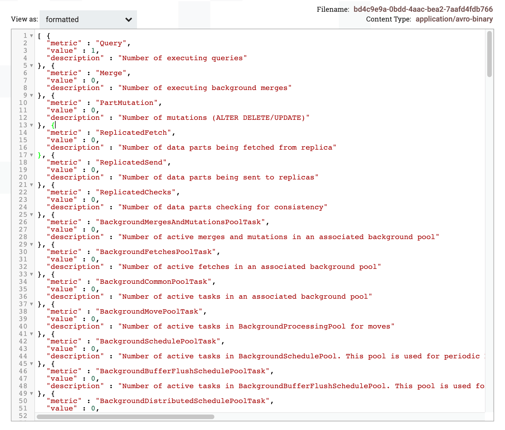 Visualizador de conteúdo do FlowFile mostrando os resultados da consulta na visualização formatada