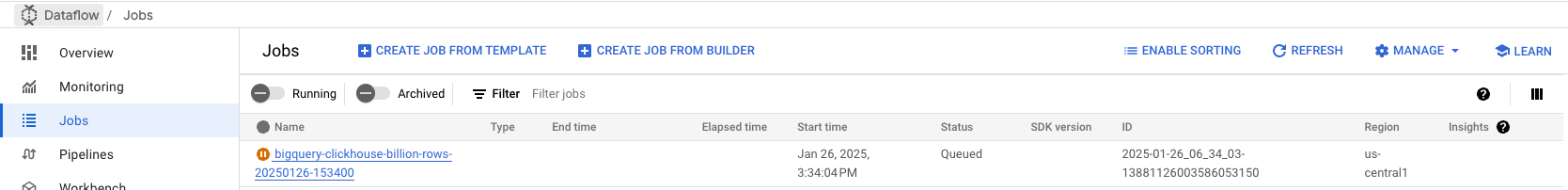 실행 중인 BigQuery-ClickHouse 작업을 보여주는 Dataflow 콘솔