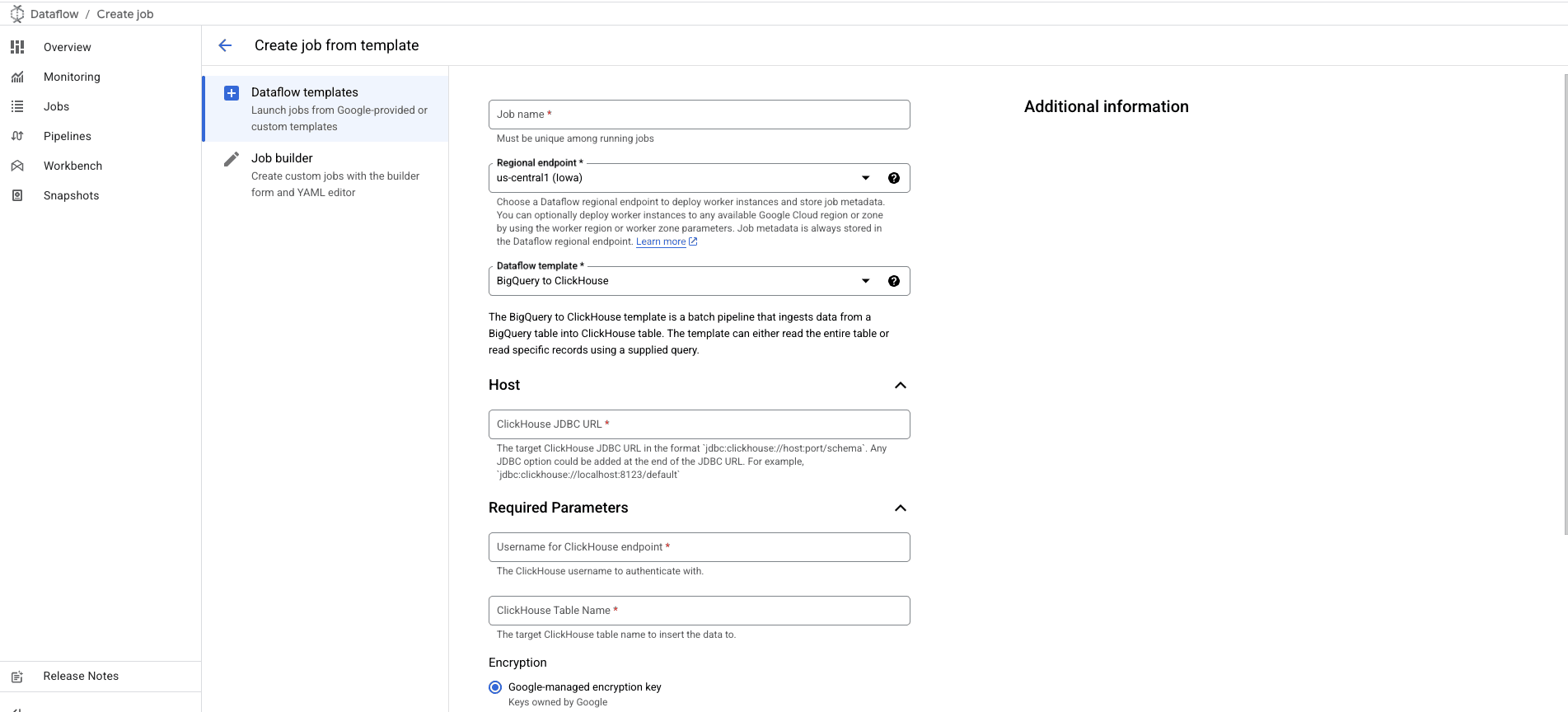 BigQuery to ClickHouse 확장 Template 양식