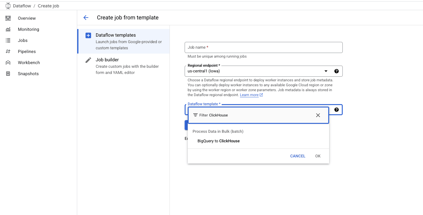 BigQuery to ClickHouse Template 선택