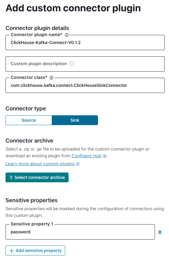 UI de Confluent Platform con la configuración para agregar un conector personalizado de ClickHouse