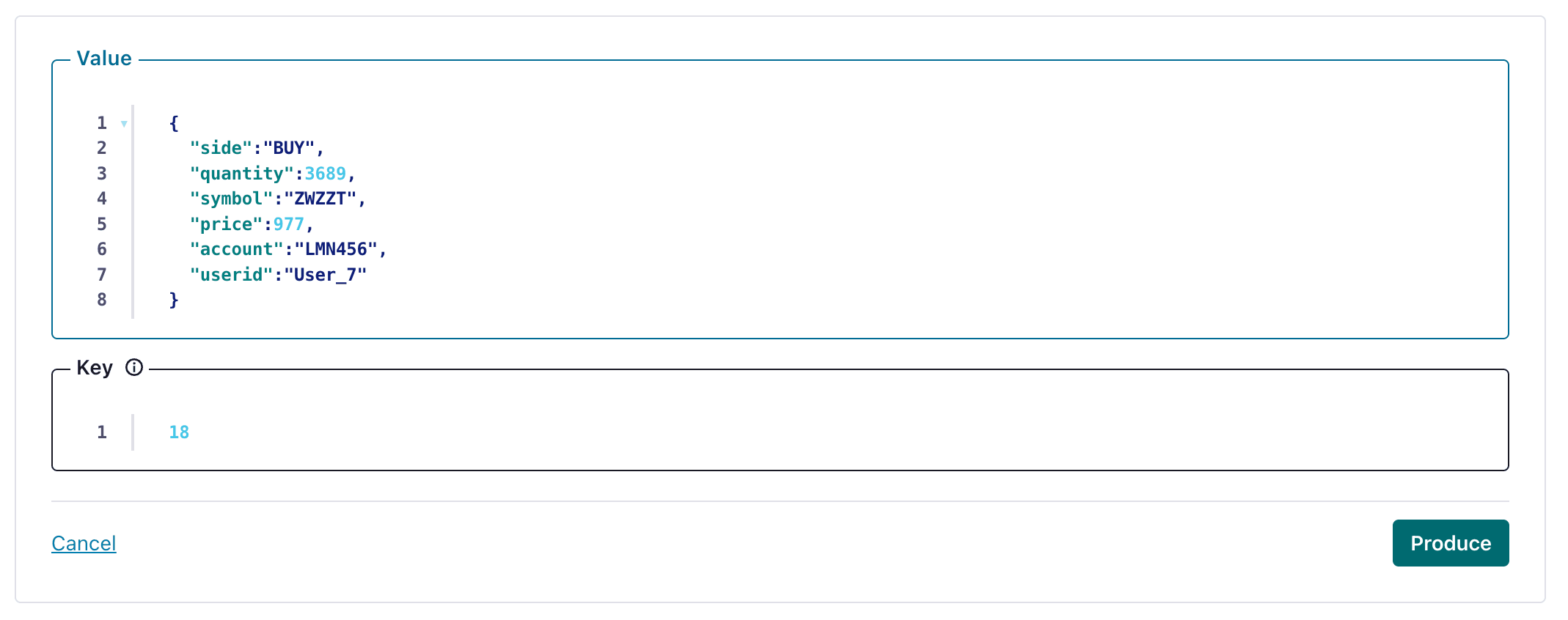 Interface Confluent Cloud montrant comment créer un message de test dans un topic Kafka