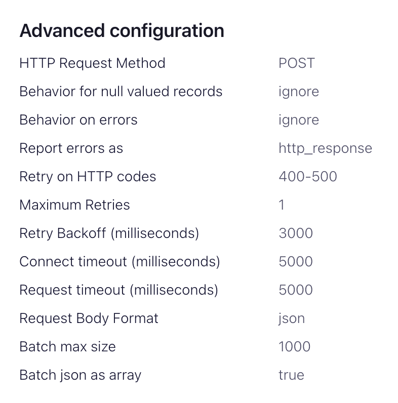 Interface Confluent Cloud montrant les options de configuration avancée du HTTP Sink Connector