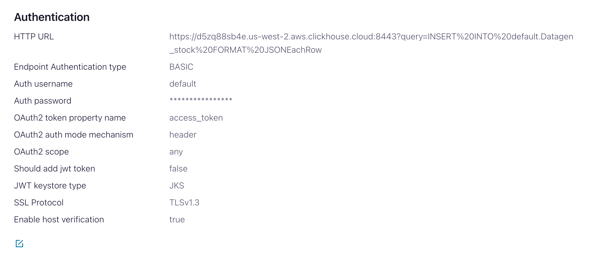 Interface Confluent Cloud montrant les paramètres d'authentification du HTTP Sink Connector