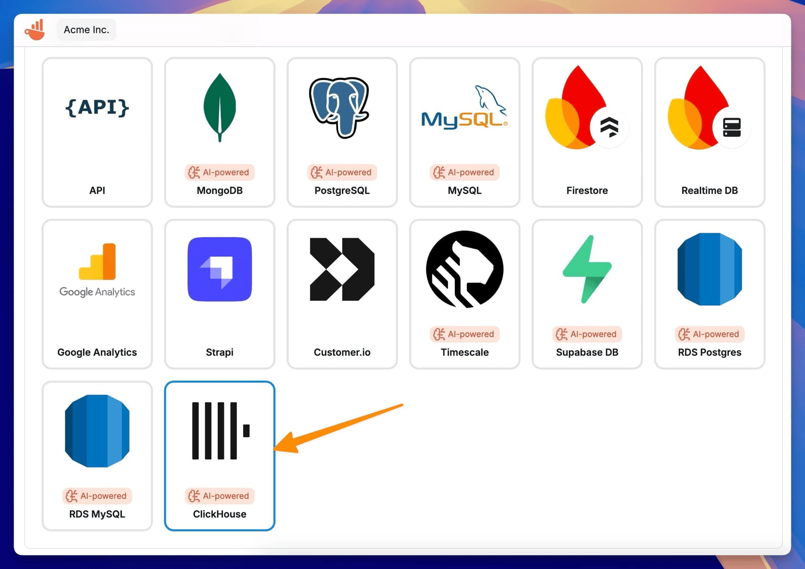 Selecciona la conexión de ClickHouse en Chartbrew