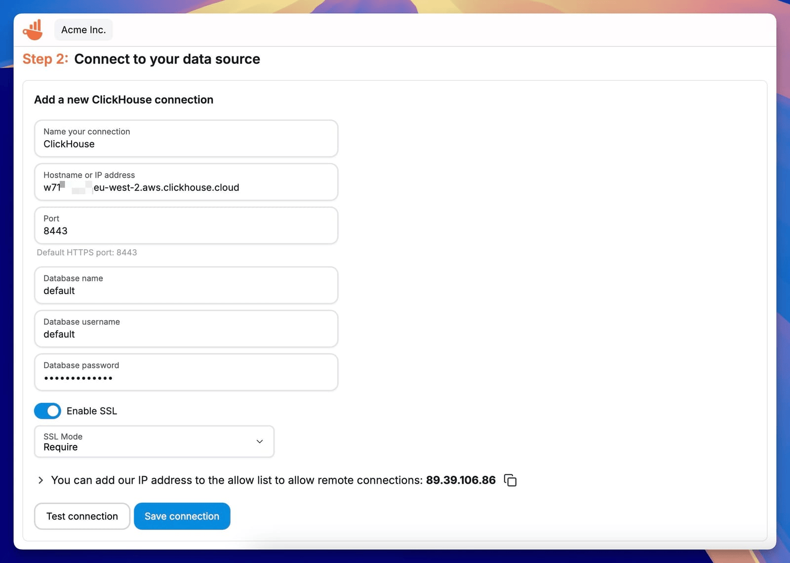 Configuración de la conexión de ClickHouse en Chartbrew