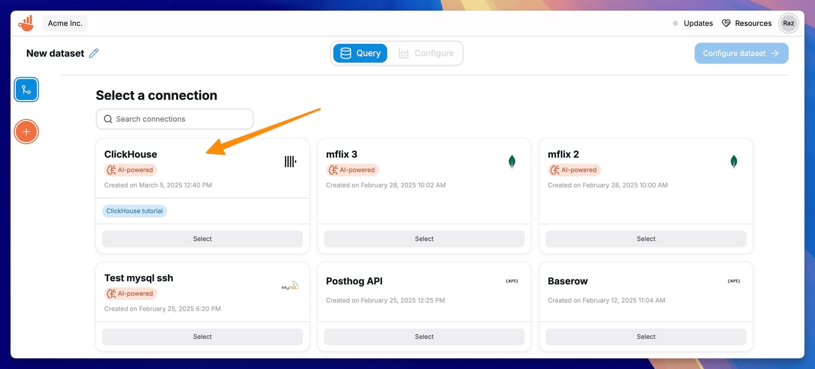 Selecciona la conexión de ClickHouse para el conjunto de datos