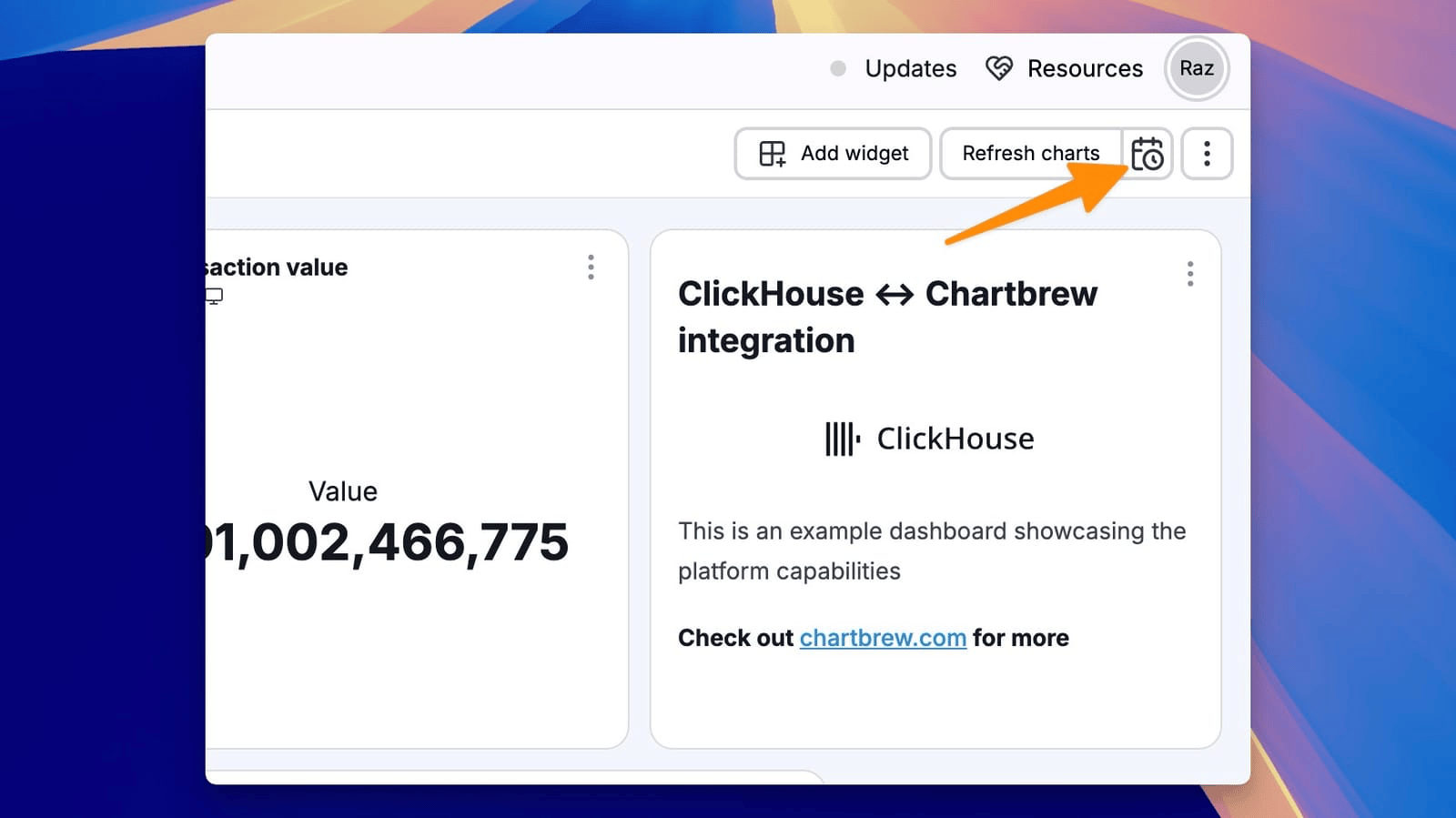 Configuración de actualización del conjunto de datos en Chartbrew