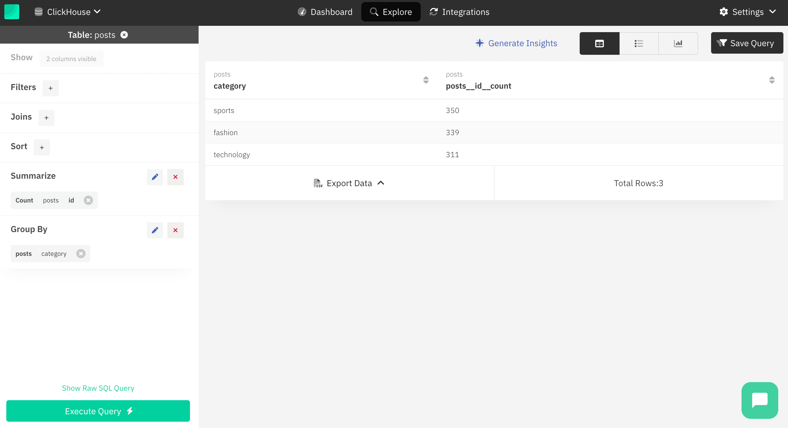 Interfaz de exploración de datos de Draxlr que muestra opciones de filtros y ordenación