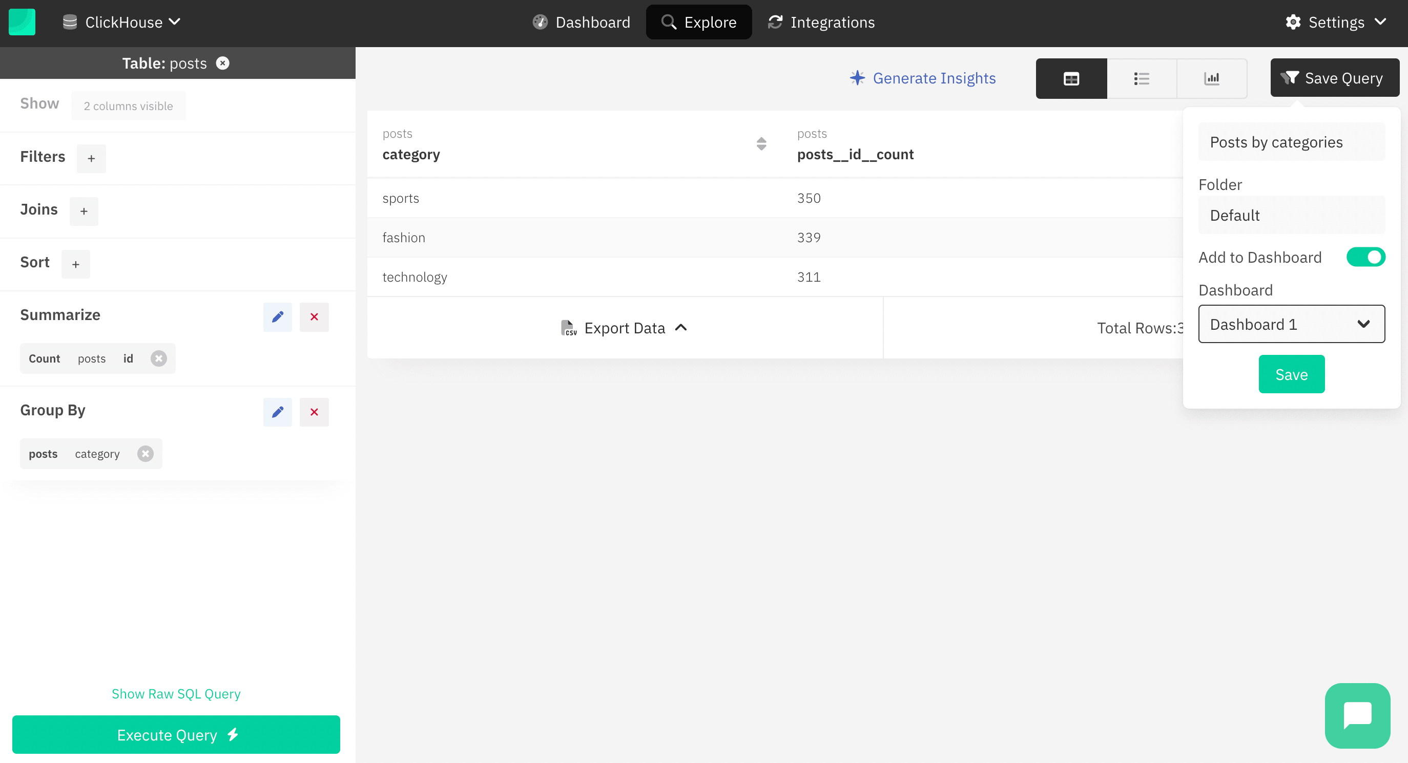 Cuadro de diálogo para guardar consultas en Draxlr con opciones de dashboard