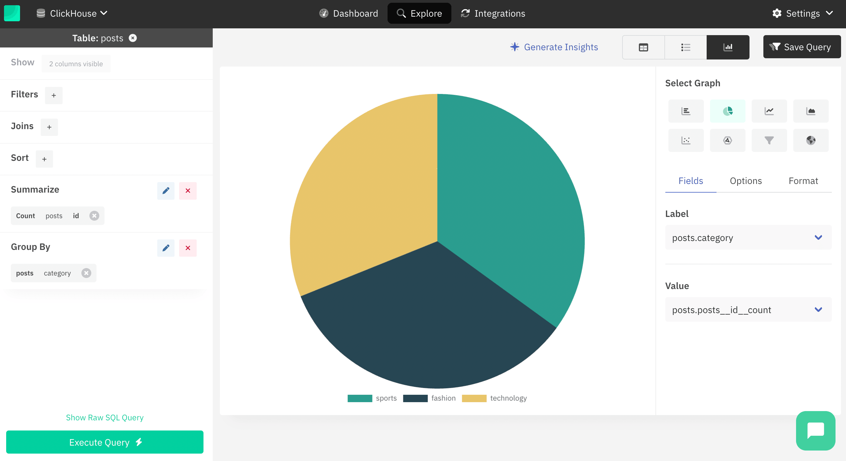 Opciones de visualización de grafos de Draxlr para datos de ClickHouse