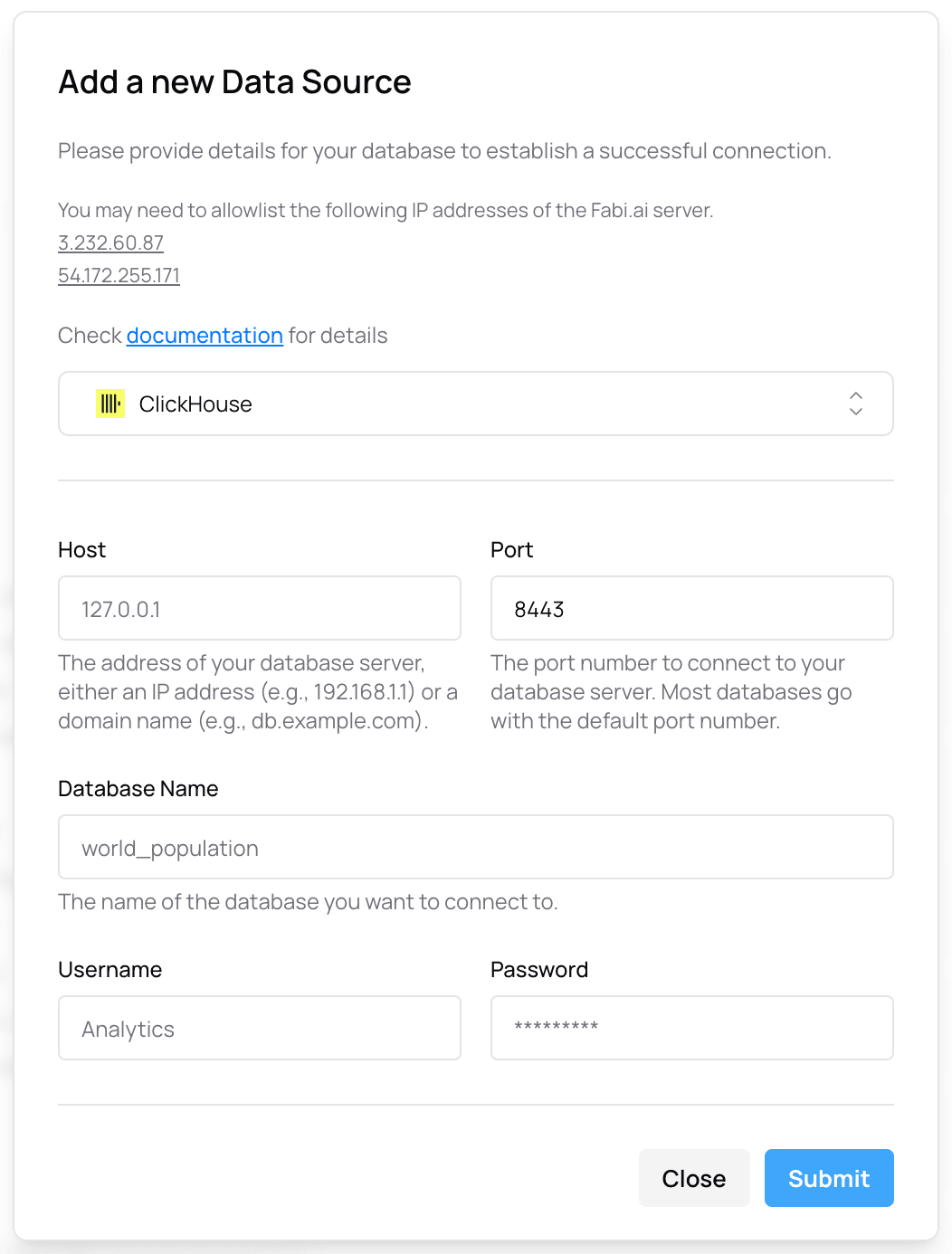 Formulario de credenciales de ClickHouse