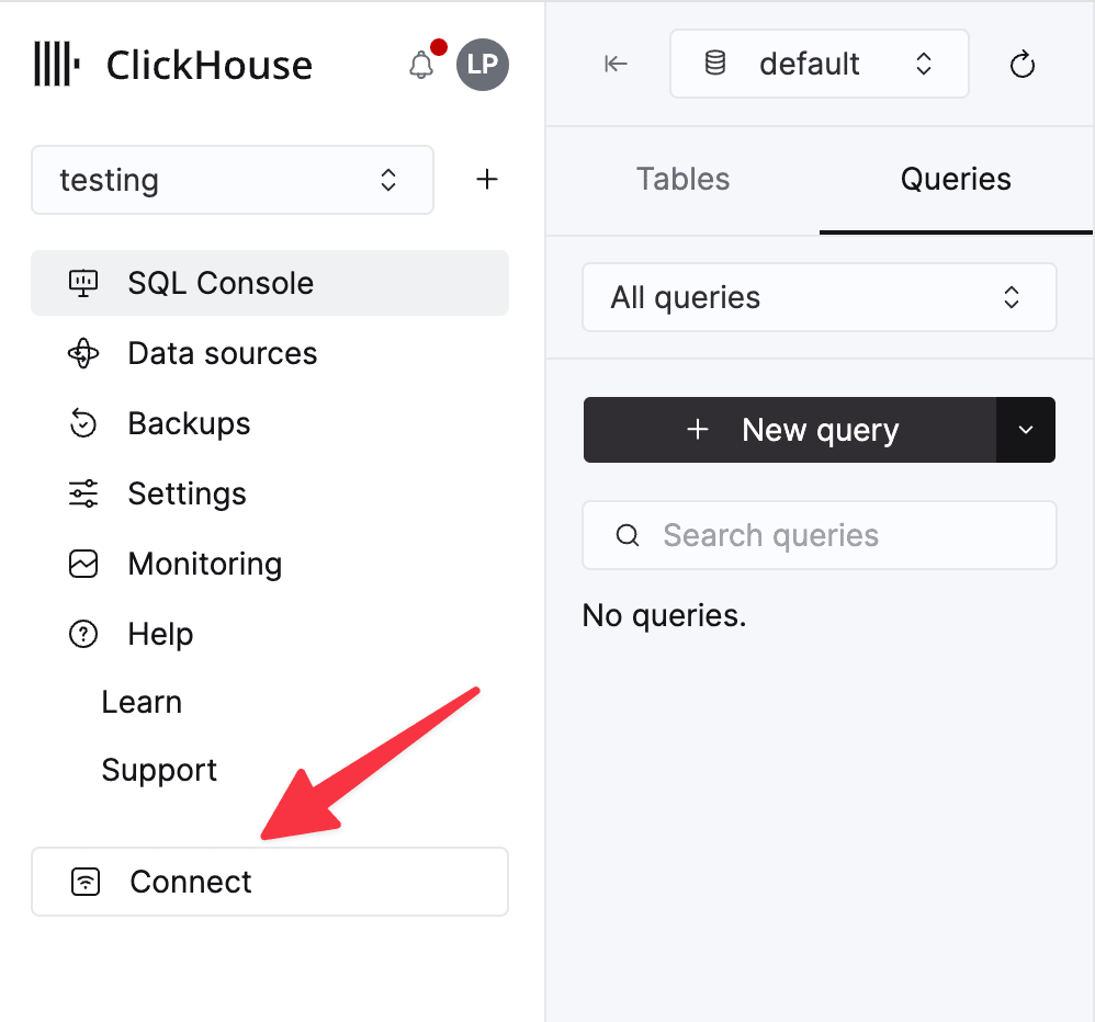 Ubicación del botón Connect en la consola de ClickHouse Cloud