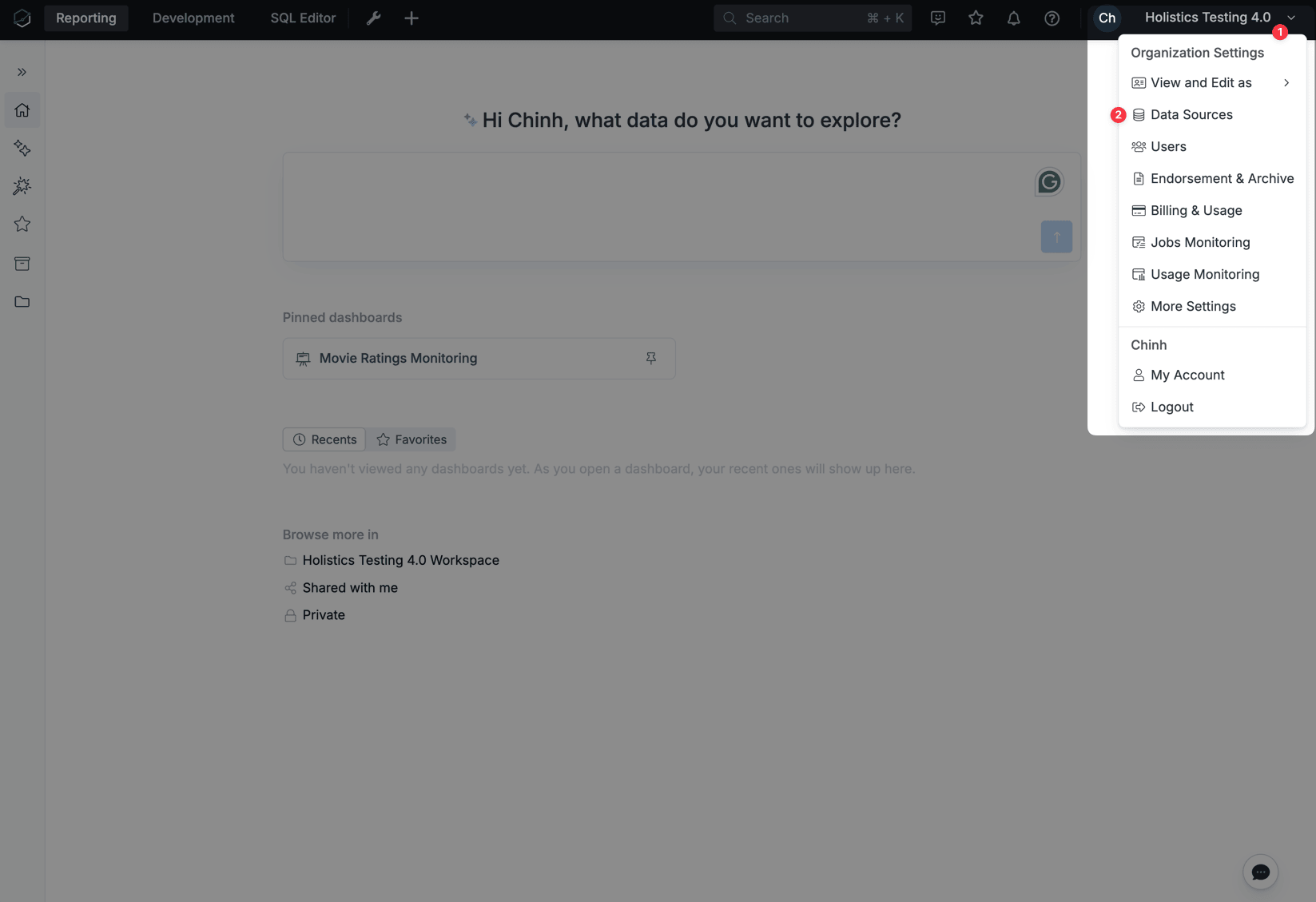 Navegación a fuentes de datos en la configuración de Holistics