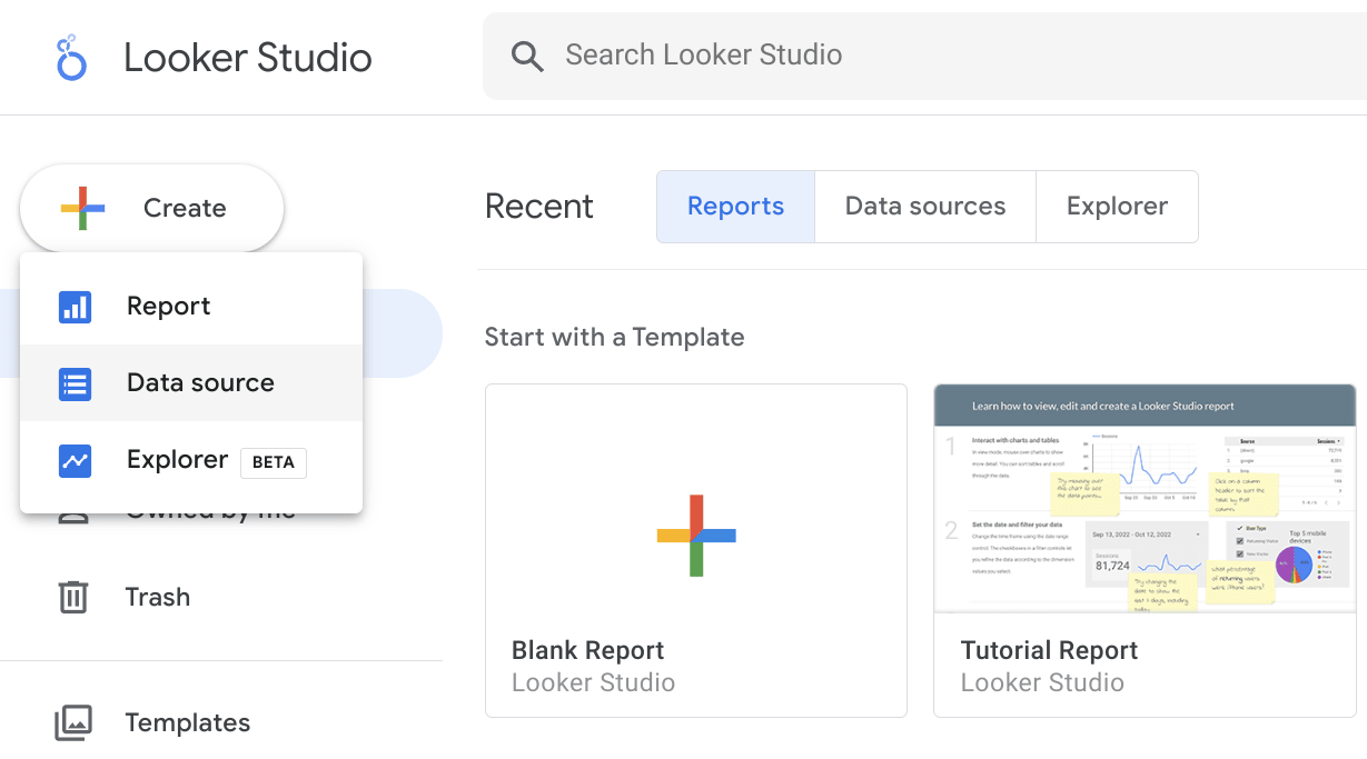Создание нового источника данных в интерфейсе Looker Studio