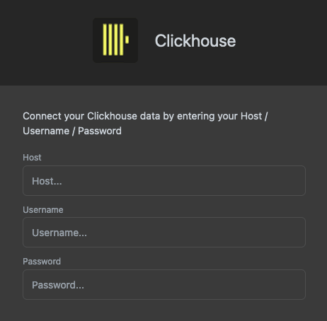 Форма настройки подключения Luzmo с полями host, username и password для ClickHouse